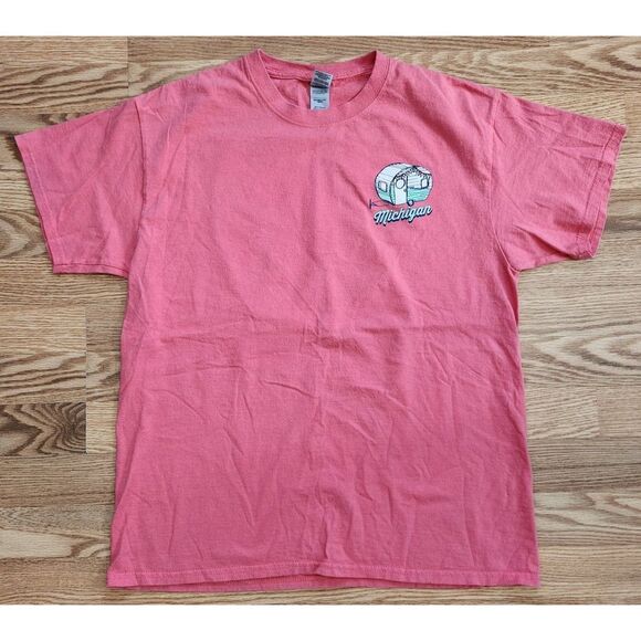 Michigan "Happy Camper" T-Shirt Top Women's Size Large Salmon Pink Tee Pullover - Picture 1 of 4